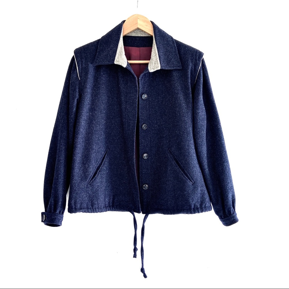 Vintage Wool Jacket W Pockets Navy & Gray Womens S